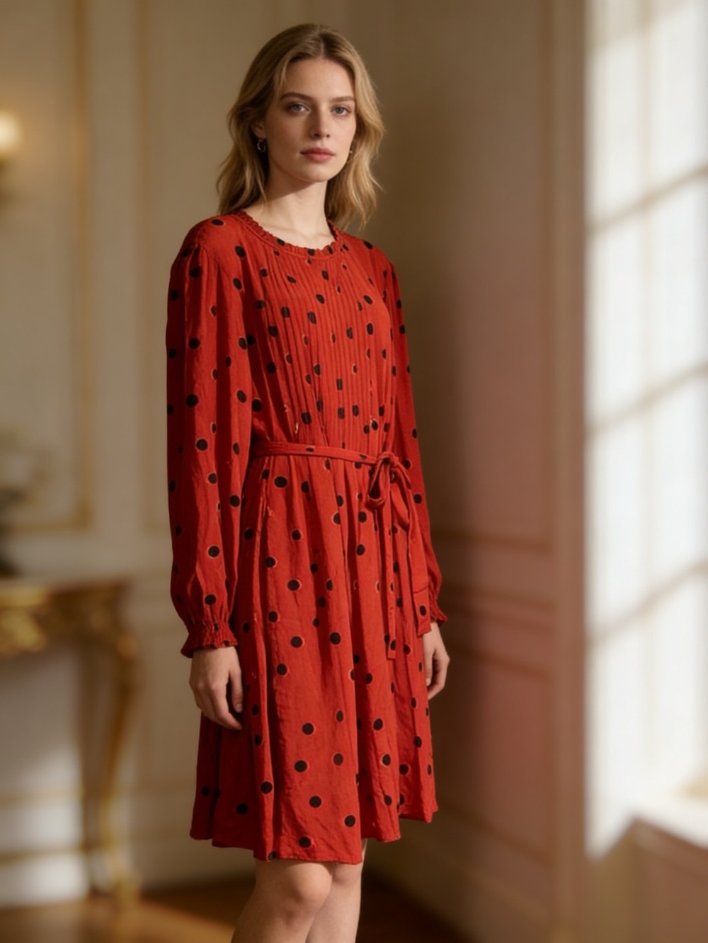 Seraphine Red Polka Dot Midi Dress | Maternity Friendly Tie Waist | US 12